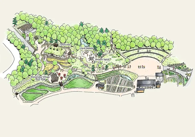 모노노케 히메의 에미시 족 마을 풍경과 재앙신 구조물