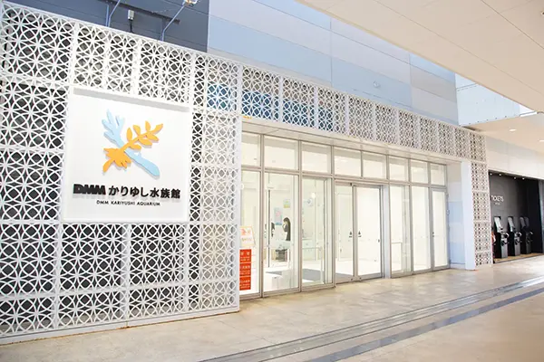 대형 쇼핑몰 이아스 오키나와 토요사키 2층에 위치한 DMM 카리유시 수족관 입구 전경