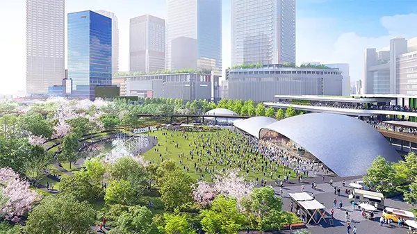 도심 한복판에 펼쳐진 거대한 녹지 공간, 우메키타 공원의 웅장한 항공 전경