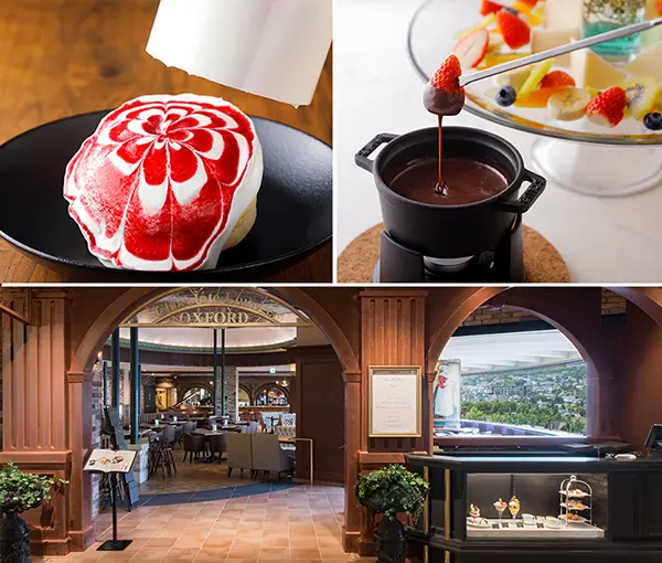 창밖으로 시계탑이 보이는 고급스러운 라운지에서 즐기는 초콜릿 파르페