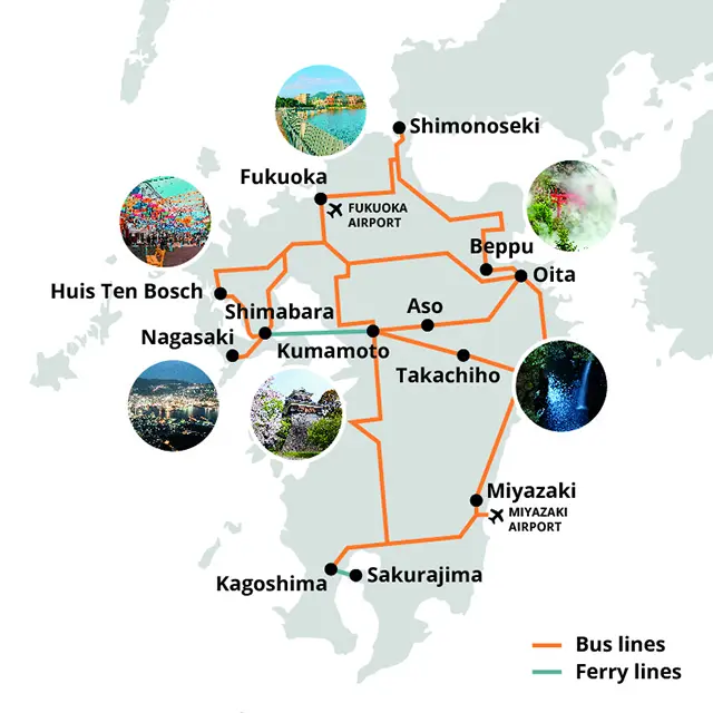 Sunq Pass logo and a highway bus in Kyushu