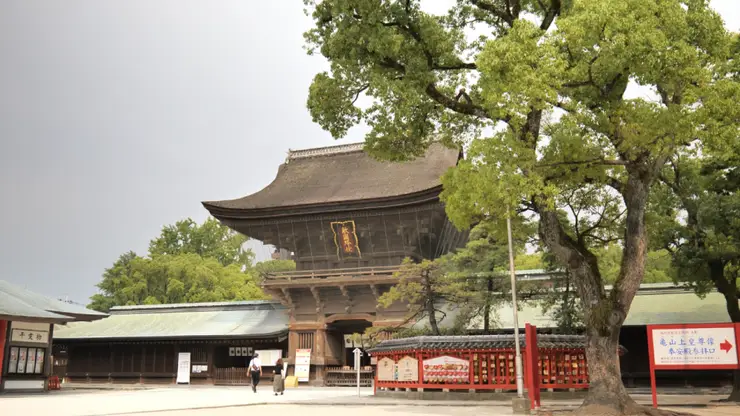 현대적인 백화점 건물과 고즈넉한 신사의 야경이 공존하는 케고 신사의 독특한 정취