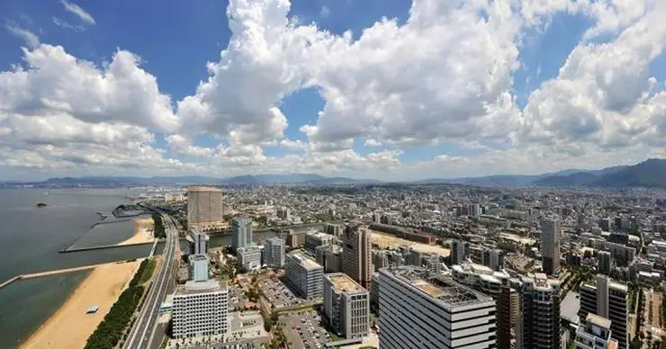 화려한 LED가 입혀진 후쿠오카 타워 전망대에서 바라본 황홀한 해안선 야경