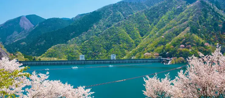 푸른 하늘과 에메랄드빛 수면이 경이롭게 어우러진 오쿠타마 호수의 전경